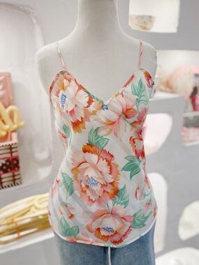 Vintage White Floral Lingerie Slip Tank Cami with Adjustable Straps